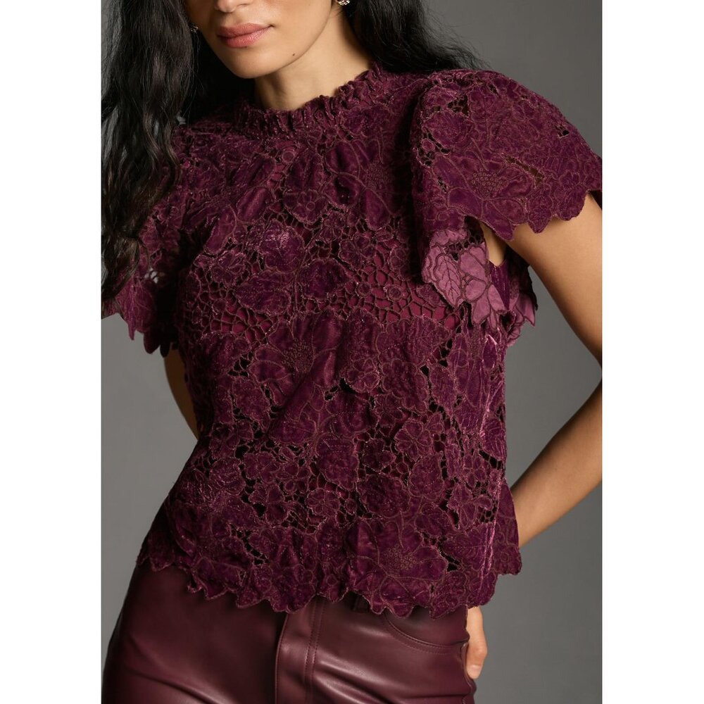 By Anthropologie Ruffled Lace Blouse Dark Purple XXS 2XS